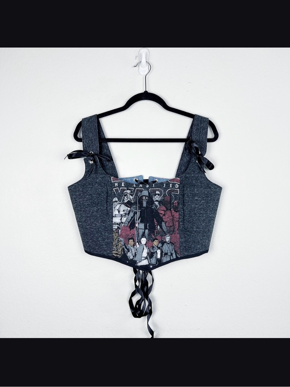 Handmade Grey Reworked Graphic Corset Top Black Ribbon Ties OOAK